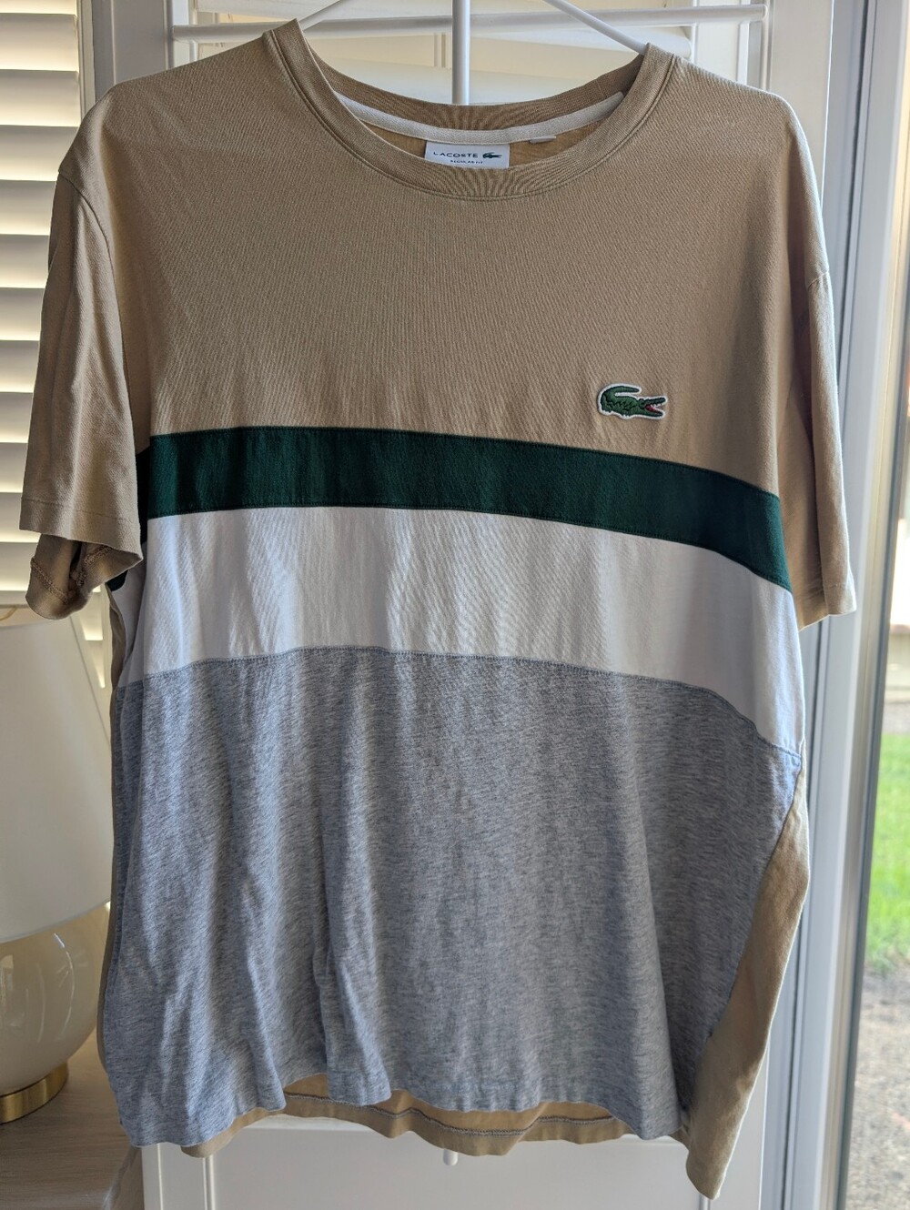 Lacoste Colorblock T Shirt Men's XL Tan Green White Gray Crew Neck Cotton